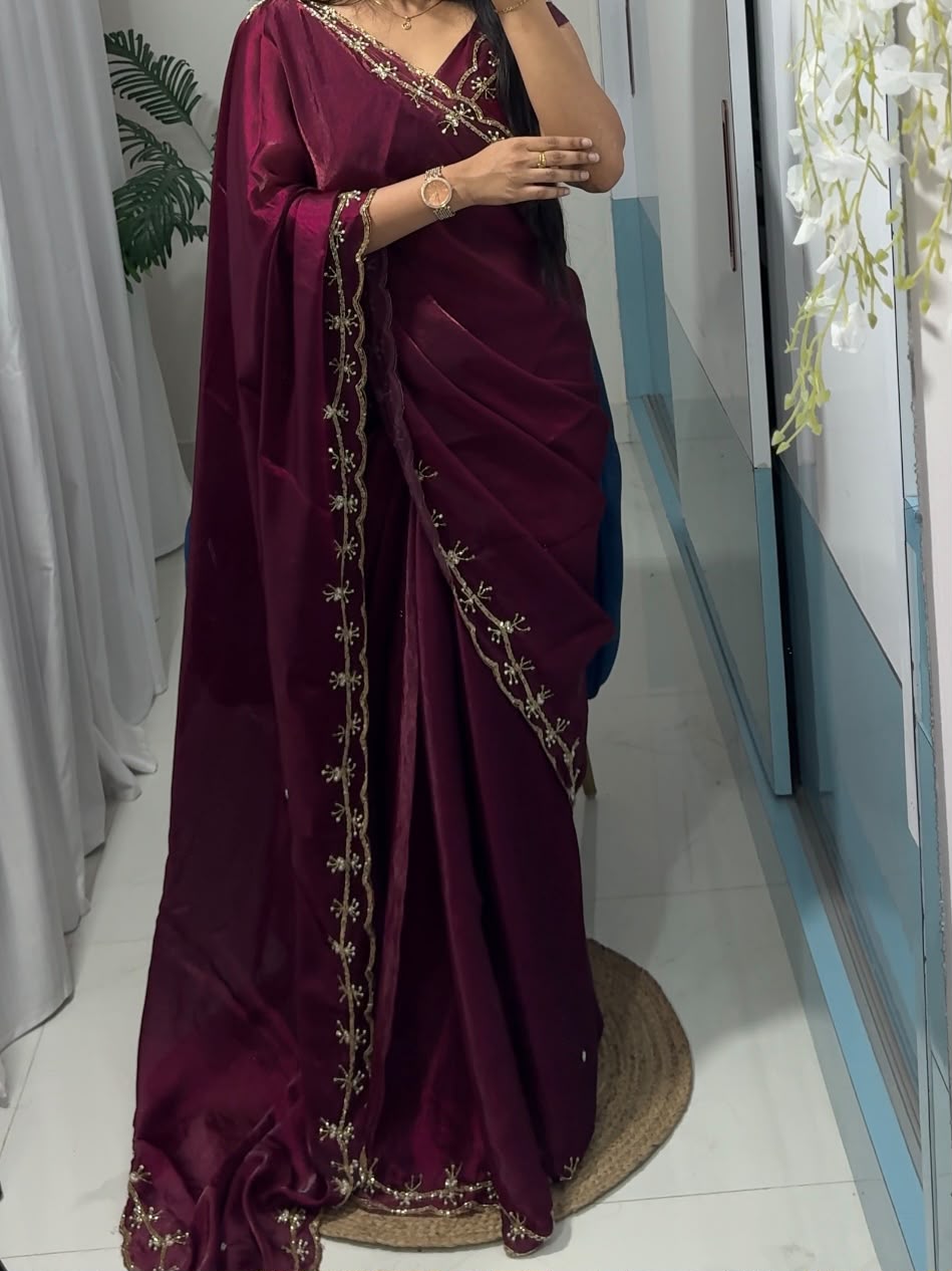 Space Silk Crush Saree with Sequins, Moti & Cutdana Work – Running Blouse