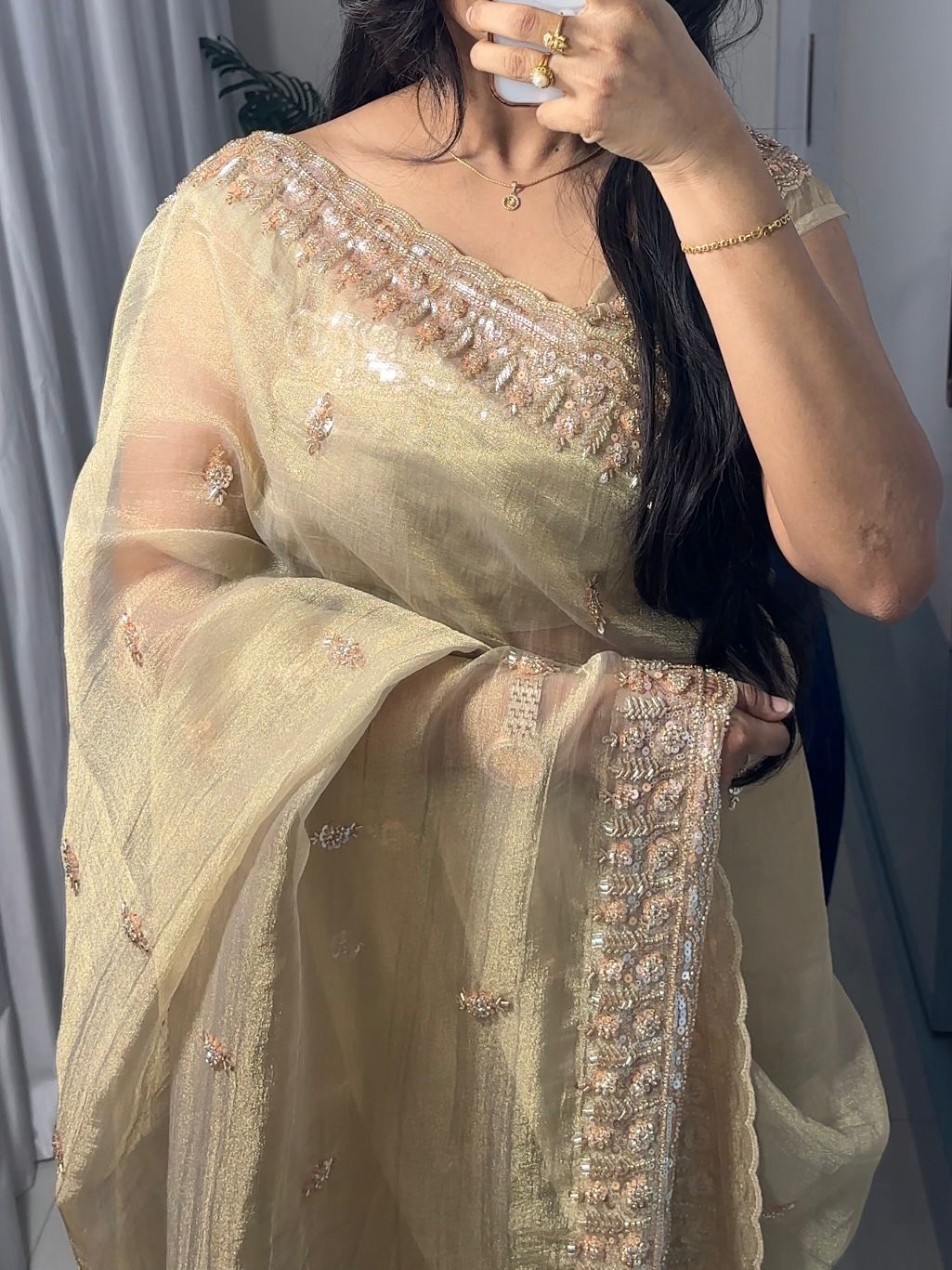 Beige Tissue Silk Saree with Sequins, Cutdana & Bead Work – Border Blouse