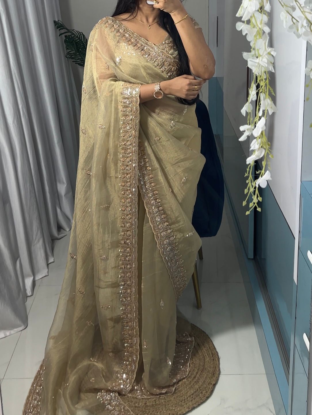 Beige Tissue Silk Saree with Sequins, Cutdana & Bead Work – Border Blouse