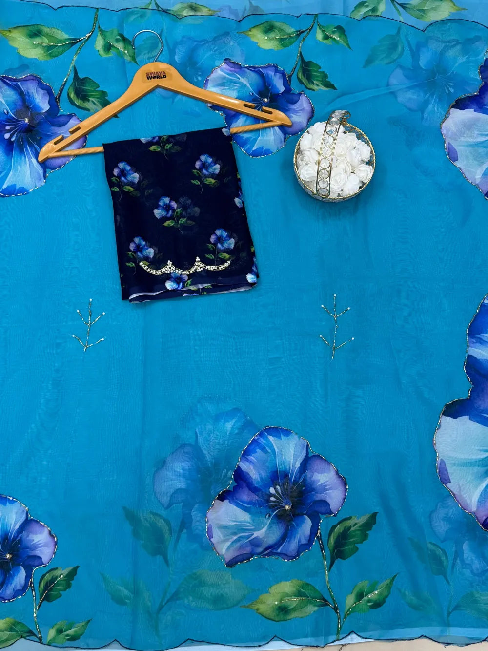 Premium Chiffon Saree with Floral Digital Print, Pipe Work & Cut‑Work Border