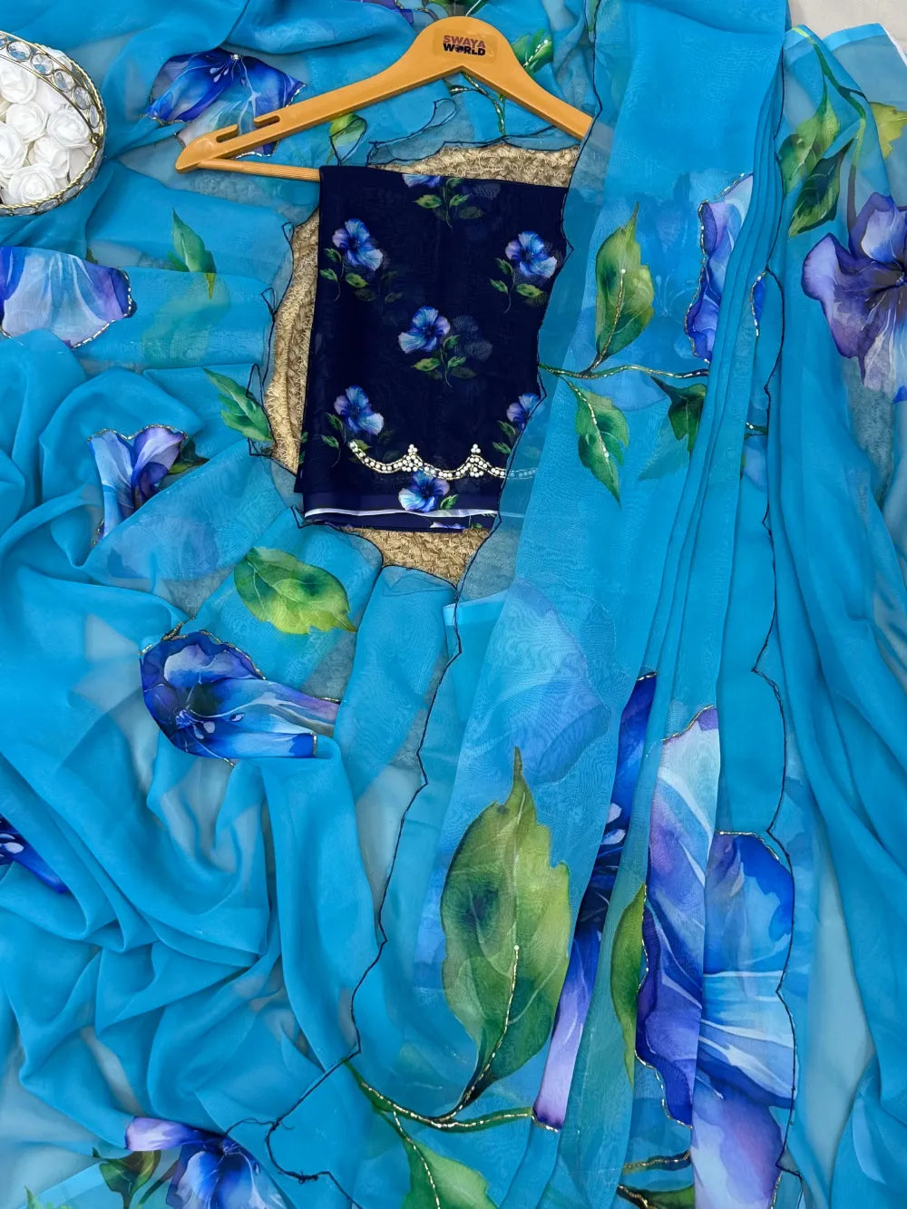 Premium Chiffon Saree with Floral Digital Print, Pipe Work & Cut‑Work Border