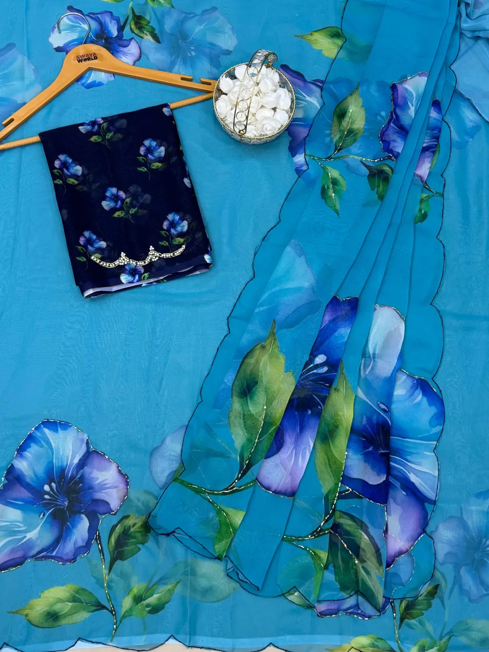Premium Chiffon Saree with Floral Digital Print, Pipe Work & Cut‑Work Border