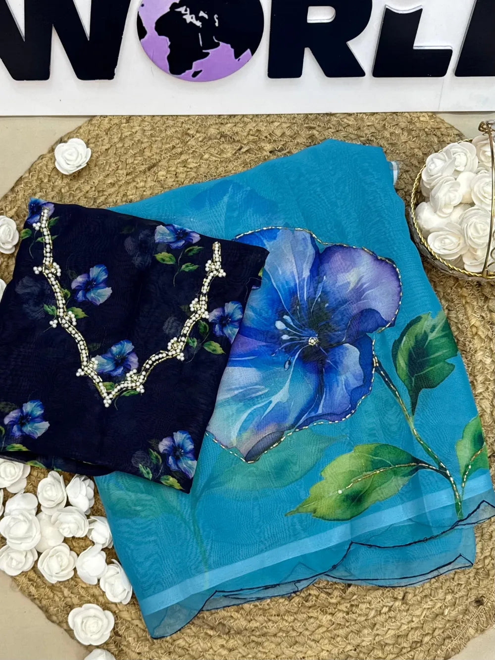Premium Chiffon Saree with Floral Digital Print, Pipe Work & Cut‑Work Border