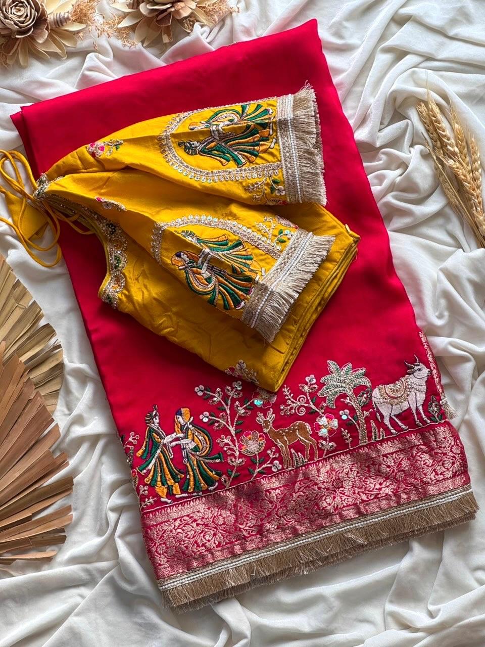 Premium Dola Silk Saree with Elephant Beads Handwork & Scalloped Lace – Designer Blouse