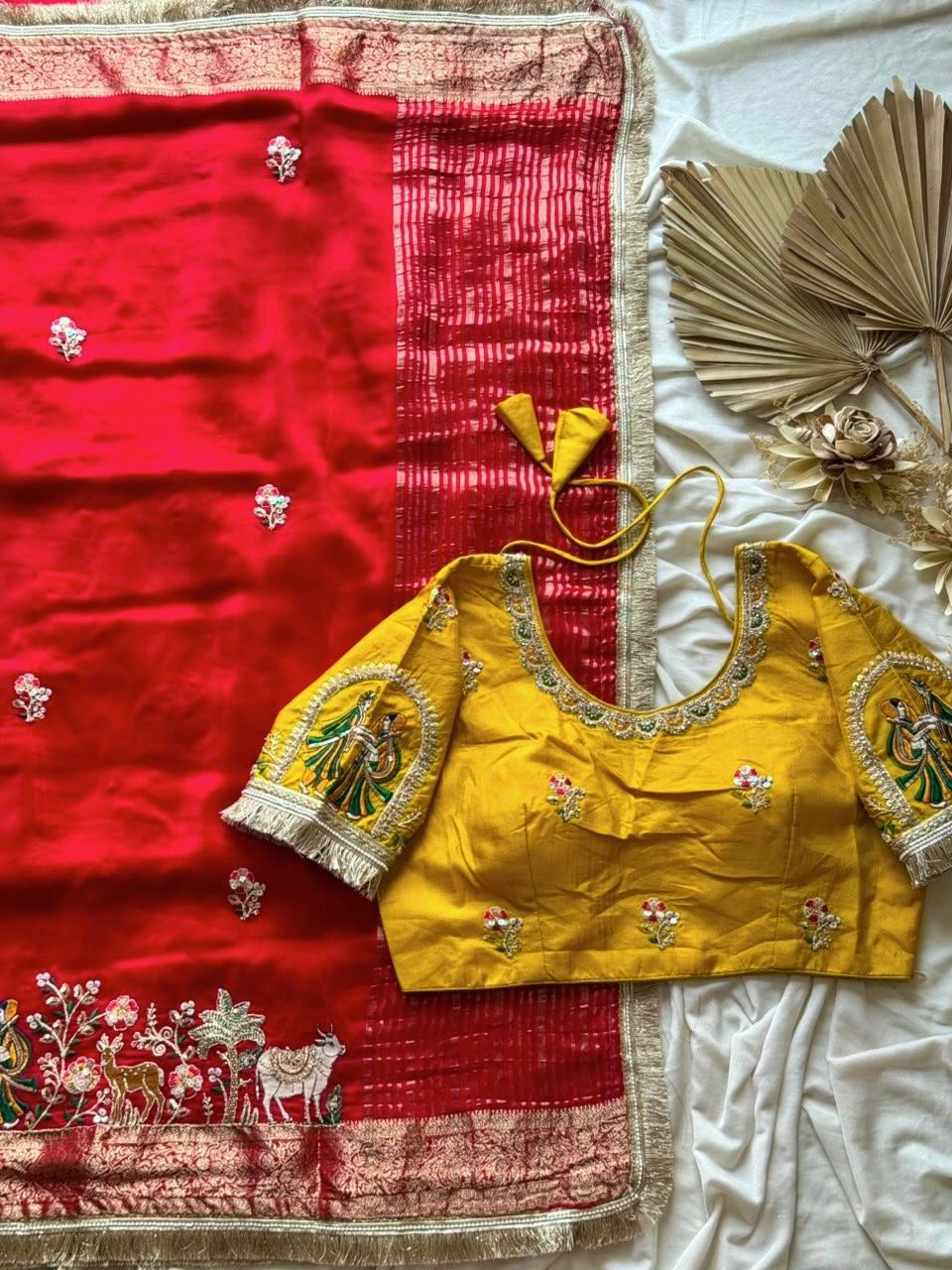 Premium Dola Silk Saree with Elephant Beads Handwork & Scalloped Lace – Designer Blouse
