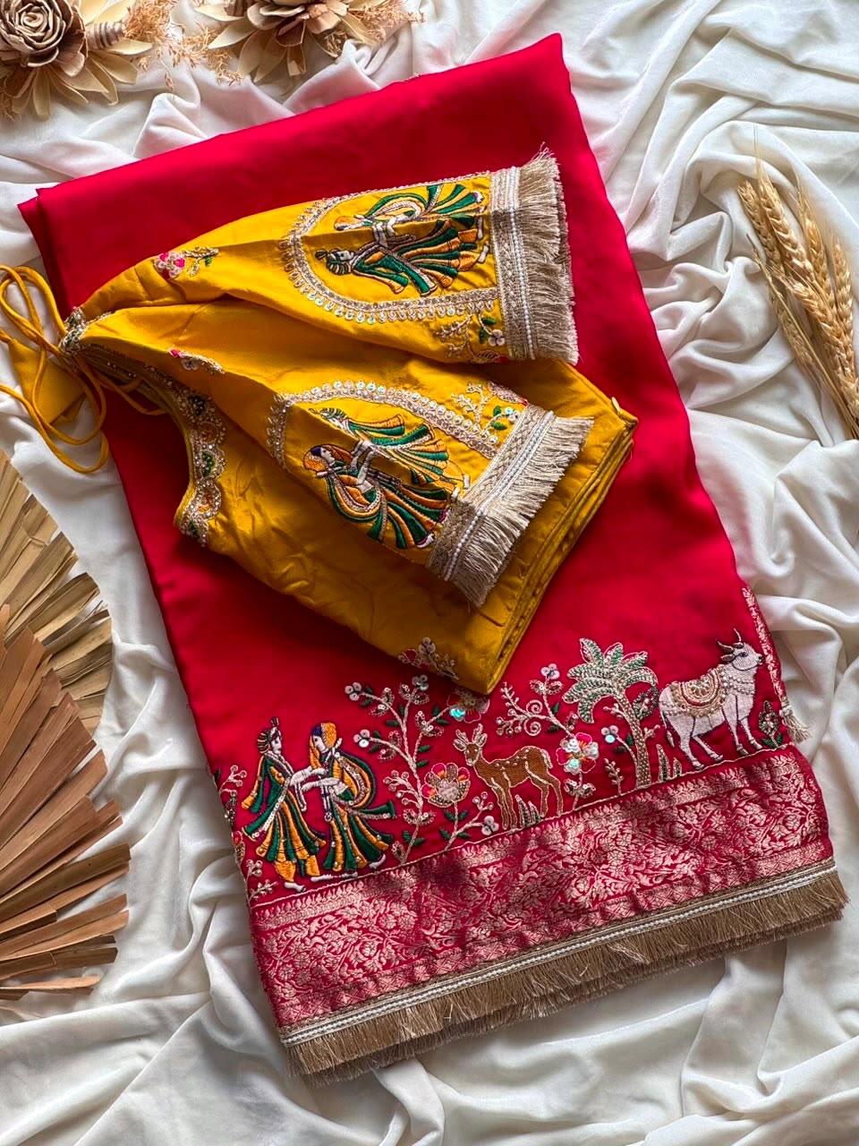Premium Dola Silk Saree with Elephant Beads Handwork & Scalloped Lace – Designer Blouse