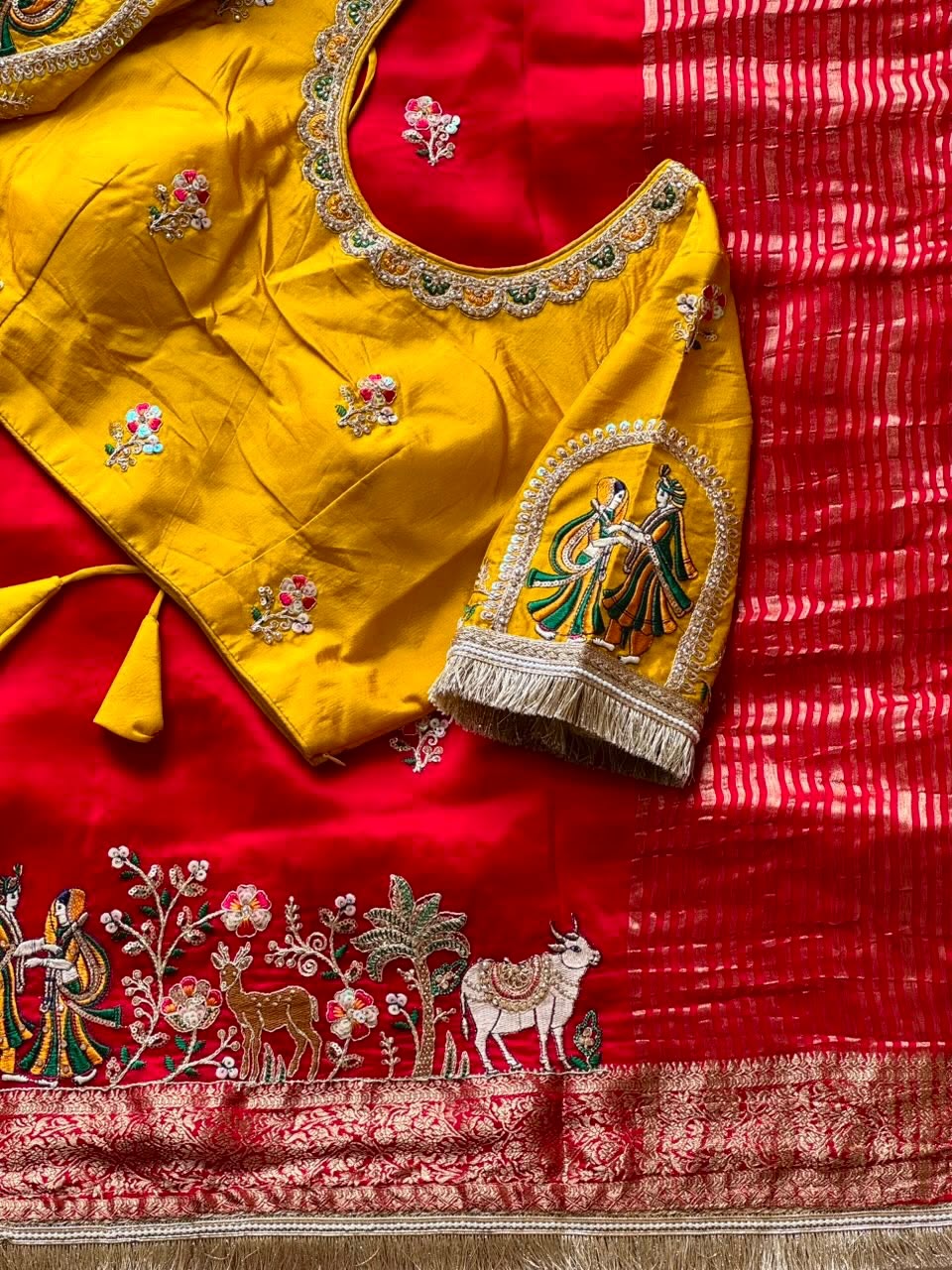 Premium Dola Silk Saree with Elephant Beads Handwork & Scalloped Lace – Designer Blouse