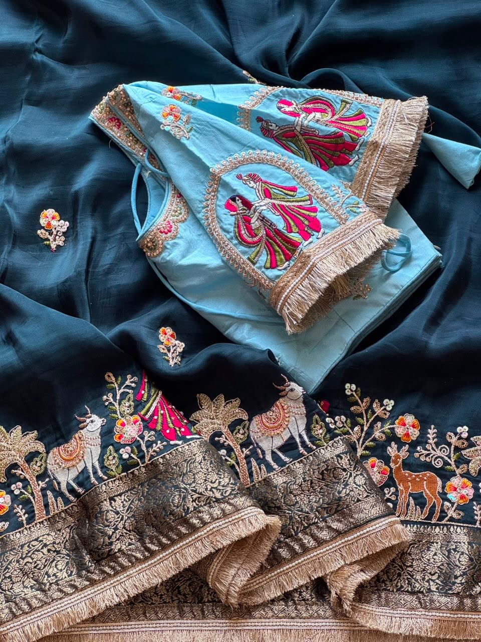 Premium Dola Silk Saree with Elephant Beads Handwork & Scalloped Lace – Designer Blouse
