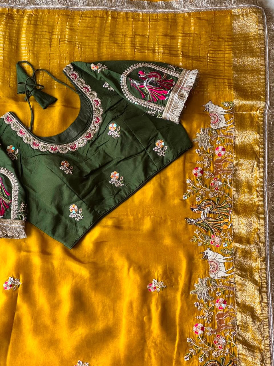 Premium Dola Silk Saree with Elephant Beads Handwork & Scalloped Lace – Designer Blouse
