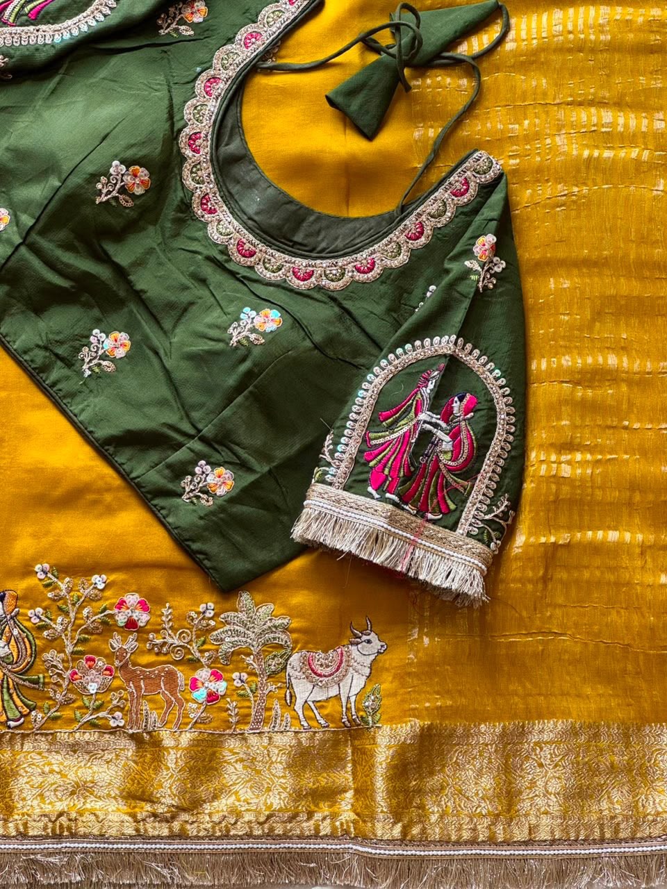Premium Dola Silk Saree with Elephant Beads Handwork & Scalloped Lace – Designer Blouse