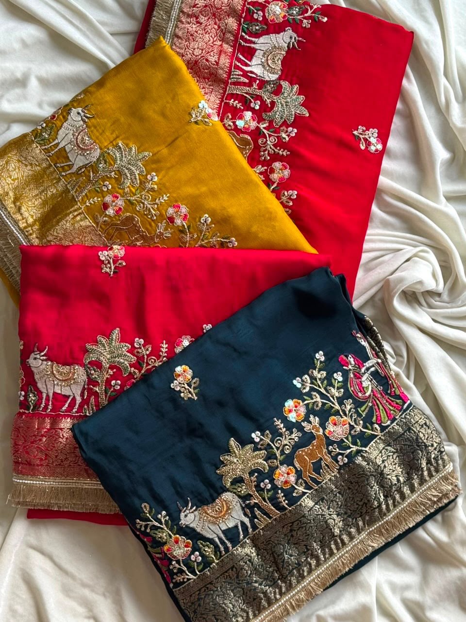Premium Dola Silk Saree with Elephant Beads Handwork & Scalloped Lace – Designer Blouse