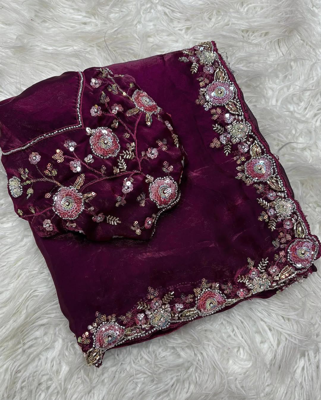 Boutique Dual Tone Space Silk Saree with Sequins, Cut‑Work & Handwork – Designer Blouse
