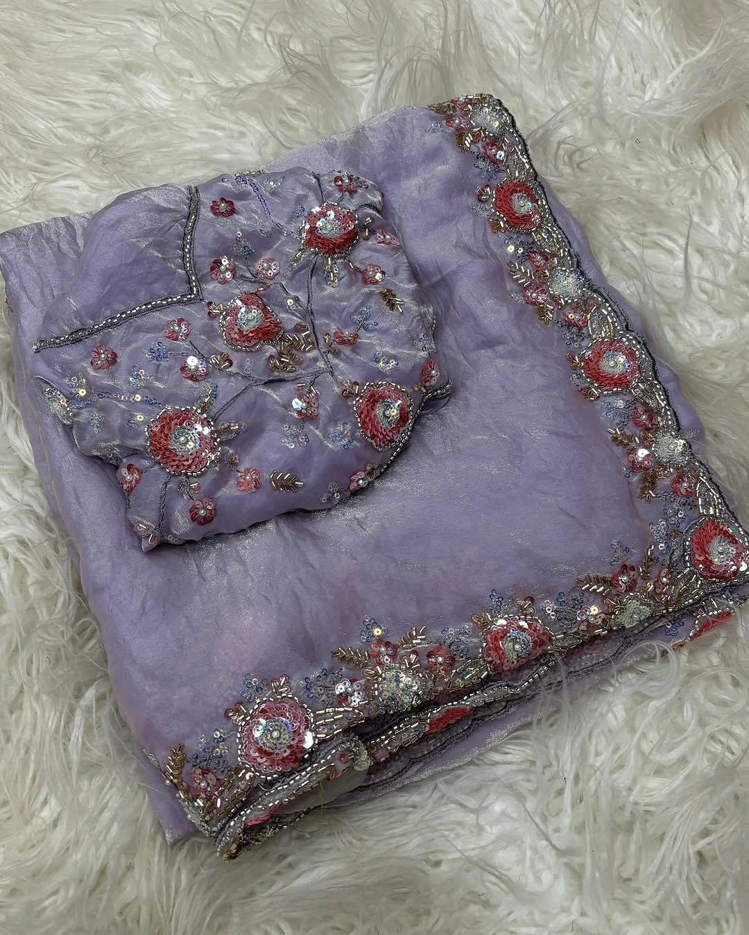 Boutique Dual Tone Space Silk Saree with Sequins, Cut‑Work & Handwork – Designer Blouse