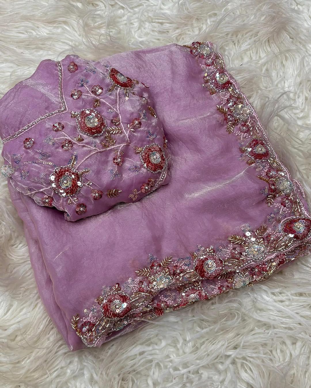 Boutique Dual Tone Space Silk Saree with Sequins, Cut‑Work & Handwork – Designer Blouse