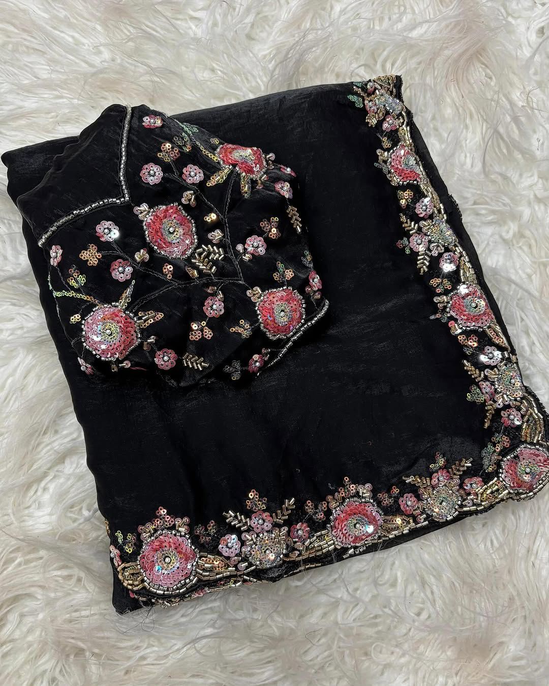 Boutique Dual Tone Space Silk Saree with Sequins, Cut‑Work & Handwork – Designer Blouse