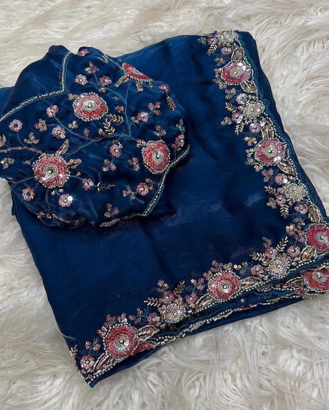 Boutique Dual Tone Space Silk Saree with Sequins, Cut‑Work & Handwork – Designer Blouse