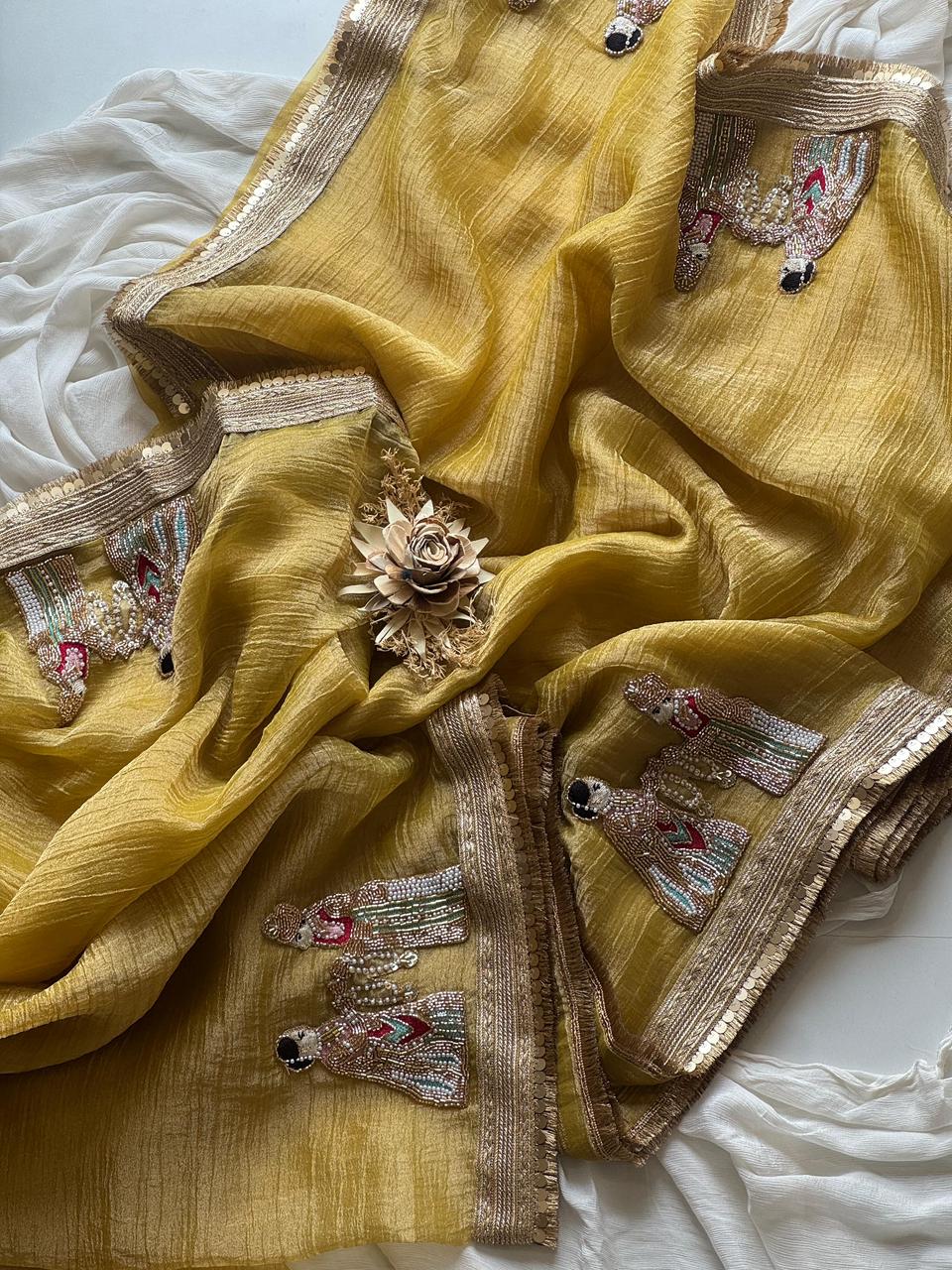 Premium Banarasi Tissue Silk Saree with Elephant Butta Handwork & Scalloped Lace – Running Blouse