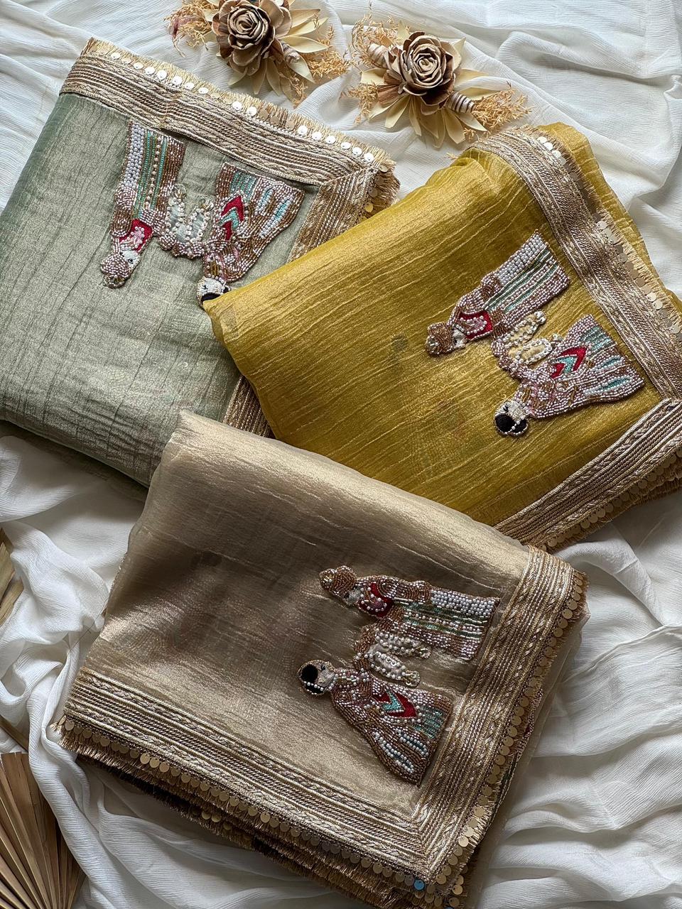 Premium Banarasi Tissue Silk Saree with Elephant Butta Handwork & Scalloped Lace – Running Blouse