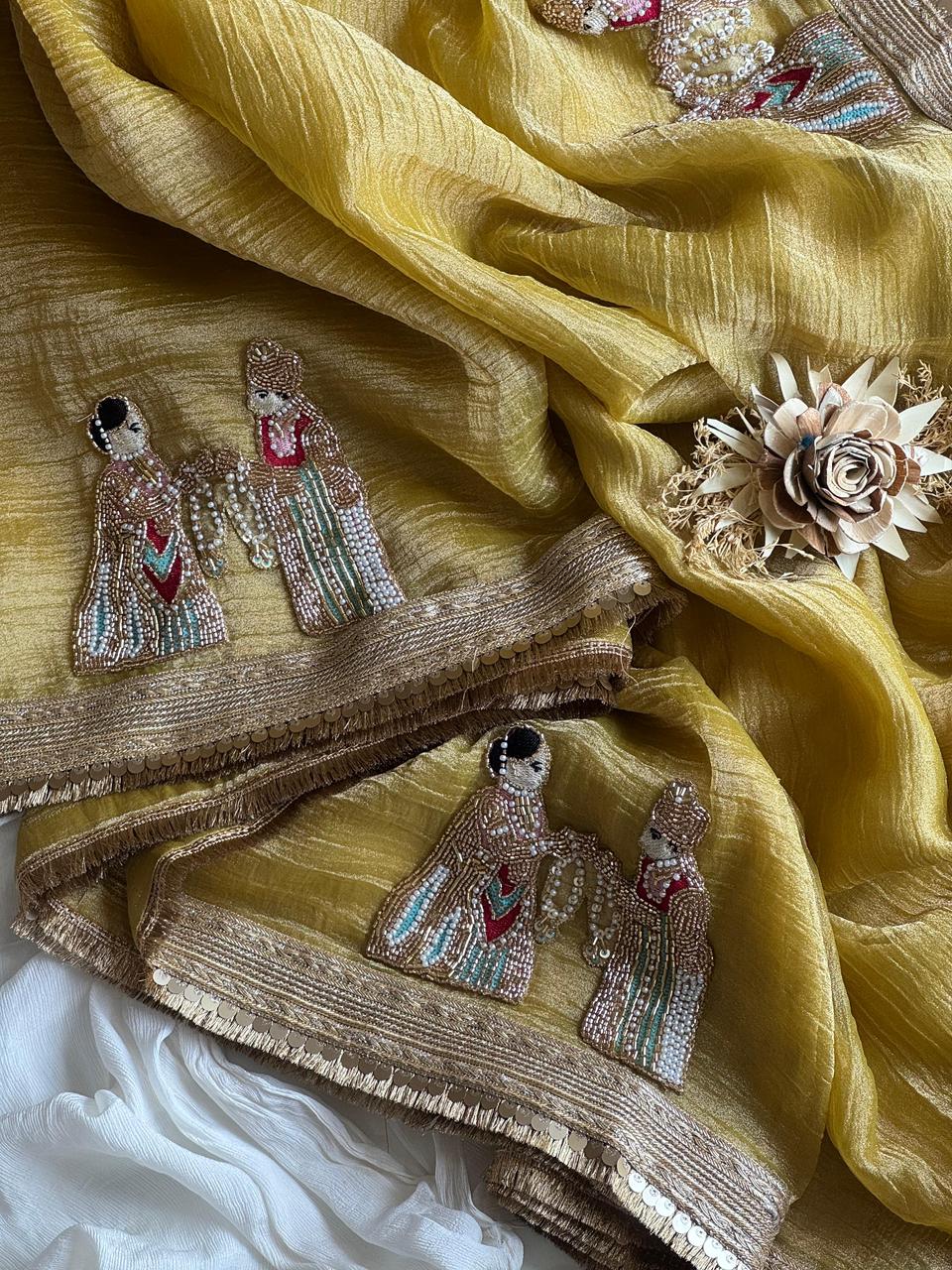 Premium Banarasi Tissue Silk Saree with Elephant Butta Handwork & Scalloped Lace – Running Blouse