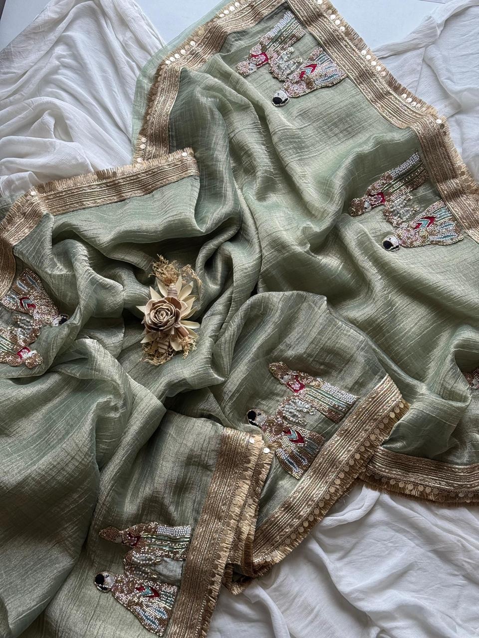 Premium Banarasi Tissue Silk Saree with Elephant Butta Handwork & Scalloped Lace – Running Blouse