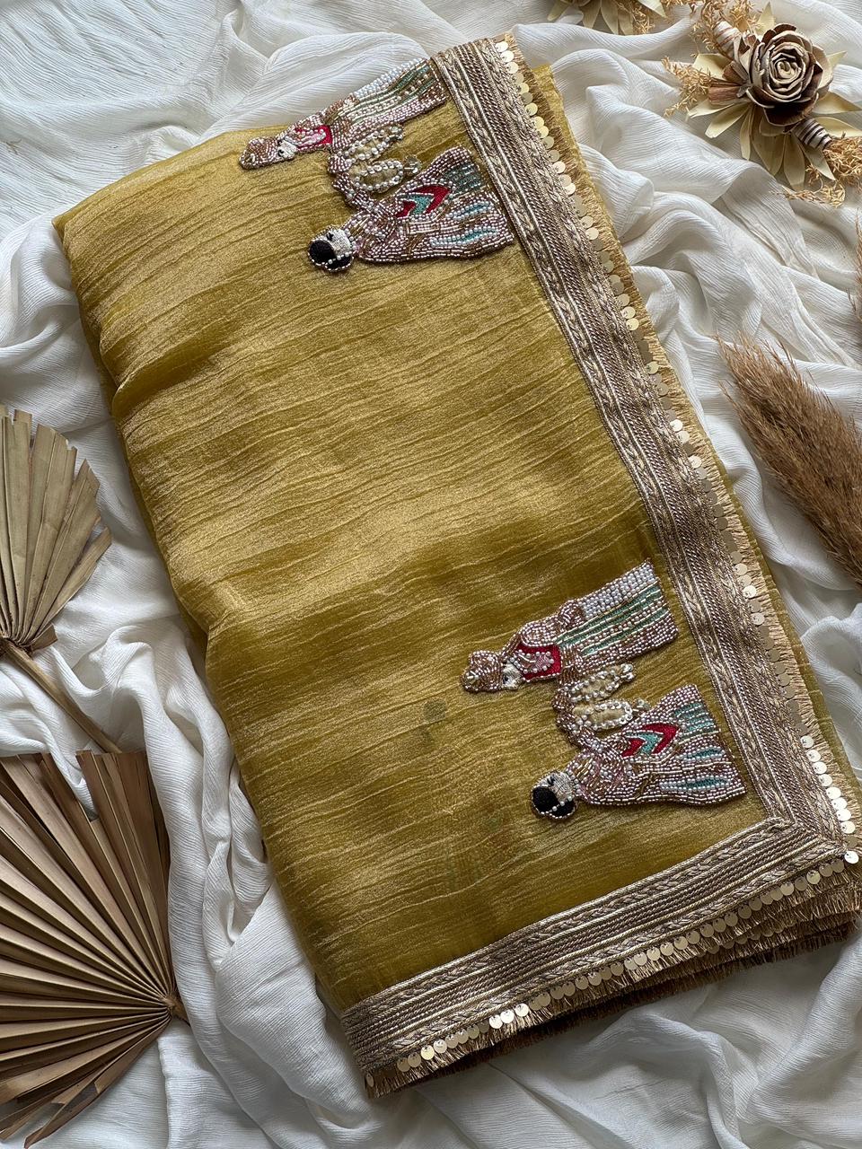 Premium Banarasi Tissue Silk Saree with Elephant Butta Handwork & Scalloped Lace – Running Blouse