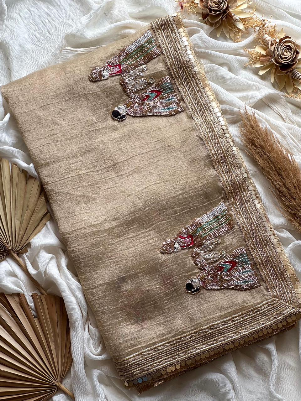 Premium Banarasi Tissue Silk Saree with Elephant Butta Handwork & Scalloped Lace – Running Blouse