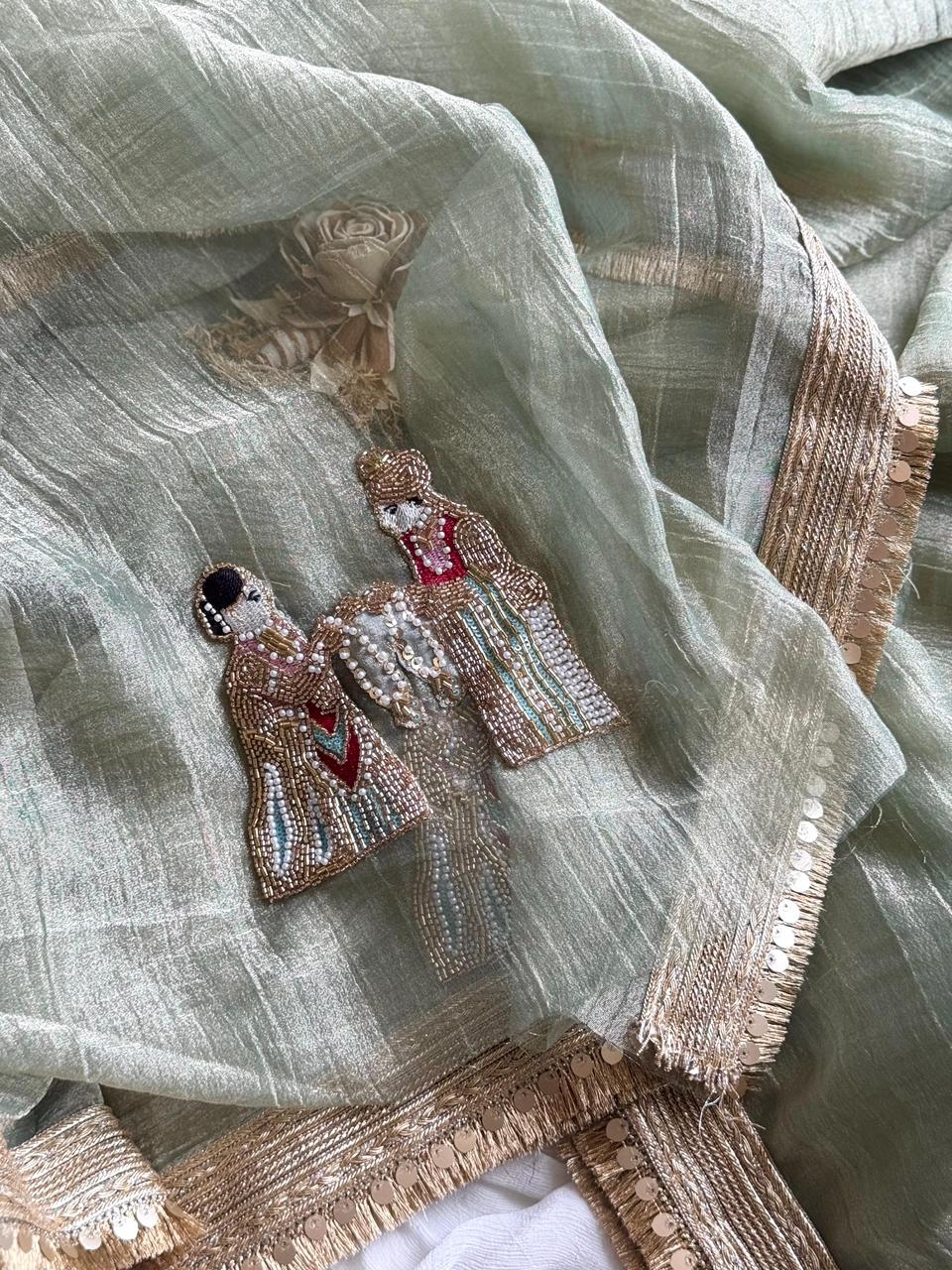 Premium Banarasi Tissue Silk Saree with Elephant Butta Handwork & Scalloped Lace – Running Blouse