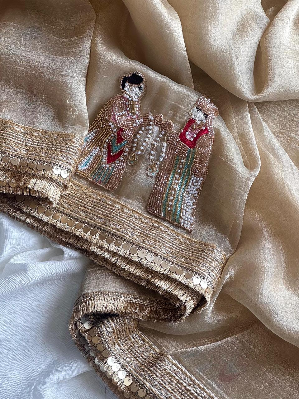 Premium Banarasi Tissue Silk Saree with Elephant Butta Handwork & Scalloped Lace – Running Blouse