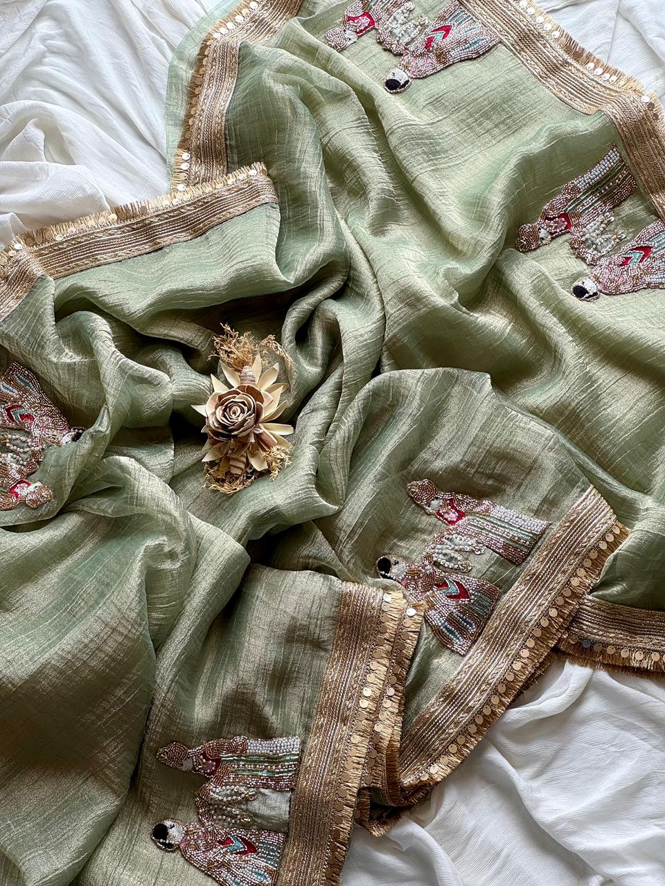 Premium Banarasi Tissue Silk Saree with Elephant Butta Handwork & Scalloped Lace – Running Blouse