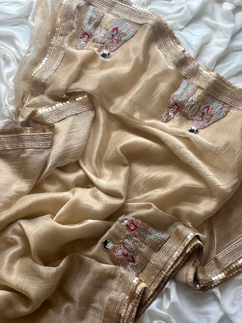 Premium Banarasi Tissue Silk Saree with Elephant Butta Handwork & Scalloped Lace – Running Blouse