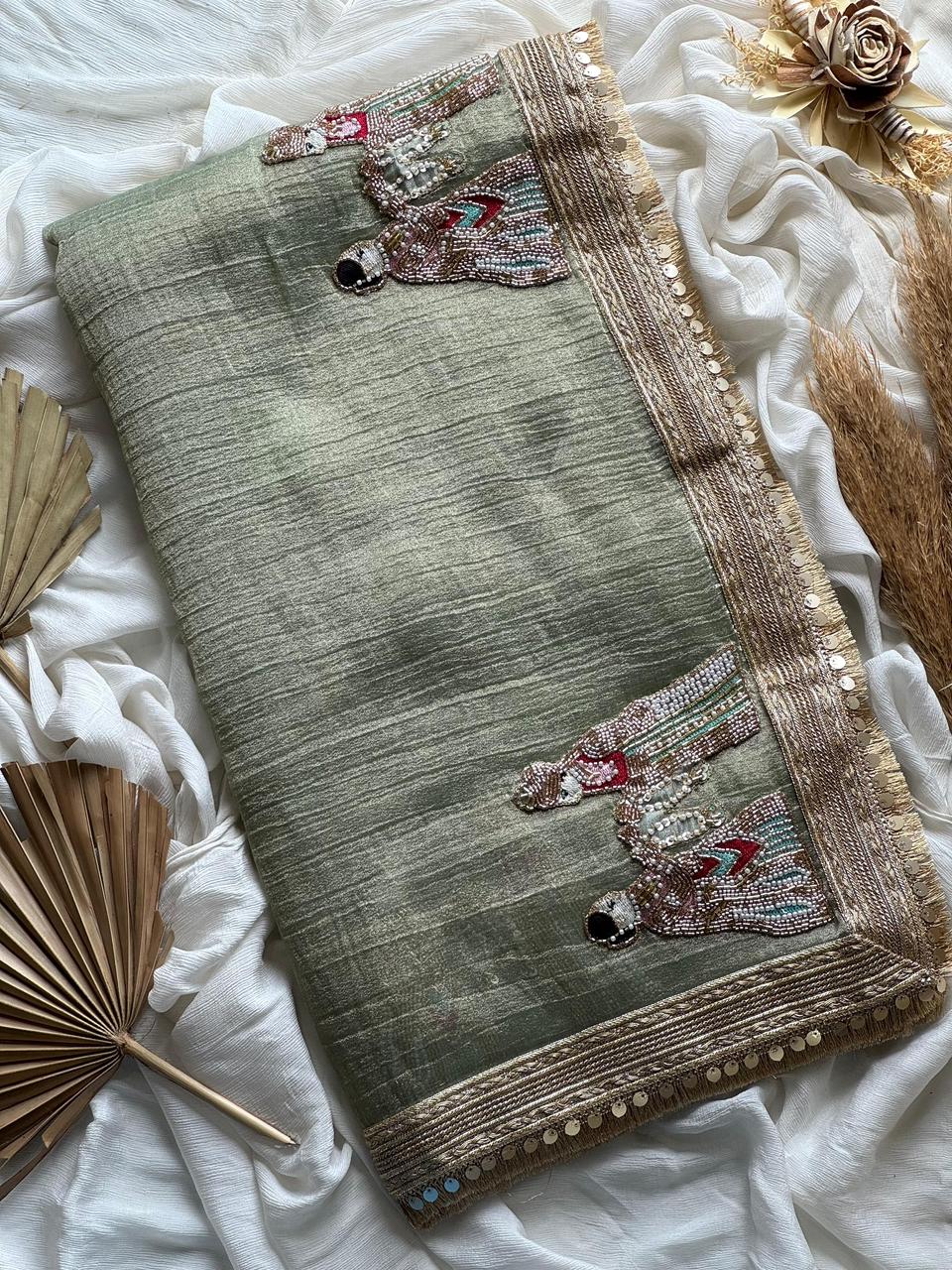 Premium Banarasi Tissue Silk Saree with Elephant Butta Handwork & Scalloped Lace – Running Blouse