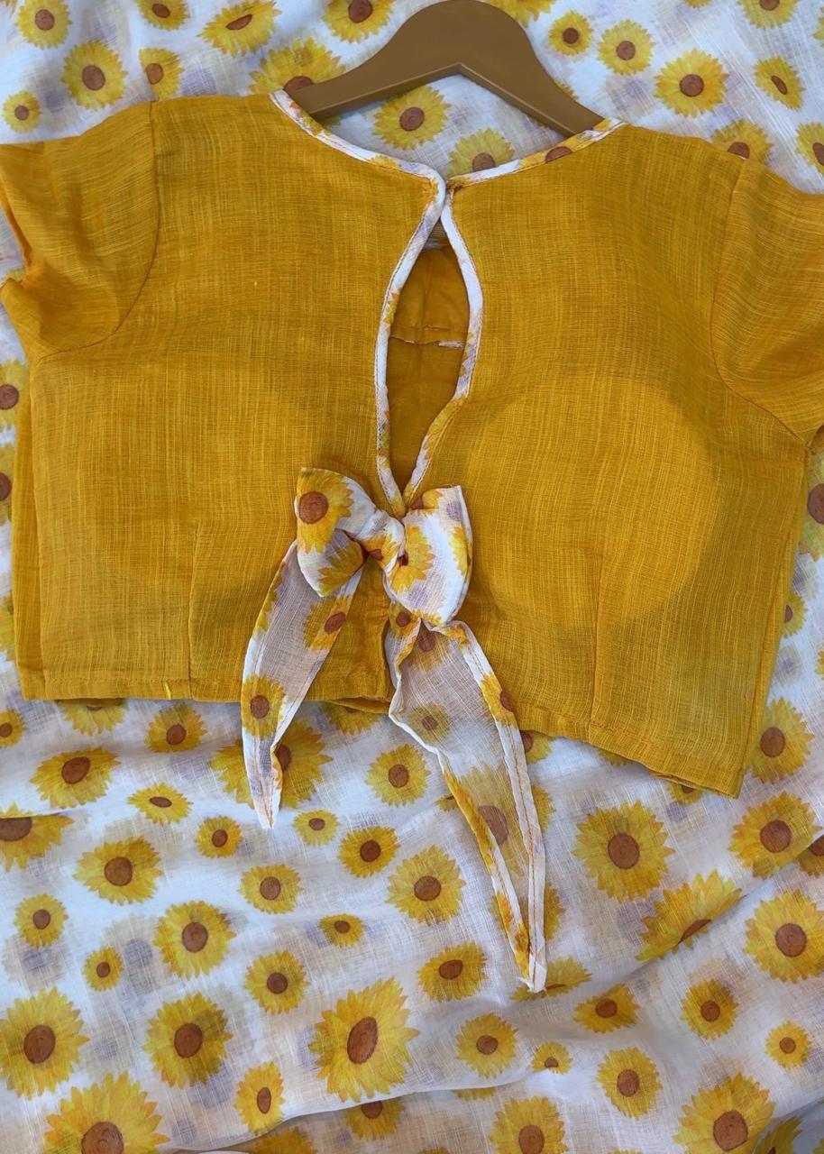 Premium Linen Saree with Sunflower Print & Zari Border – Designer Blouse