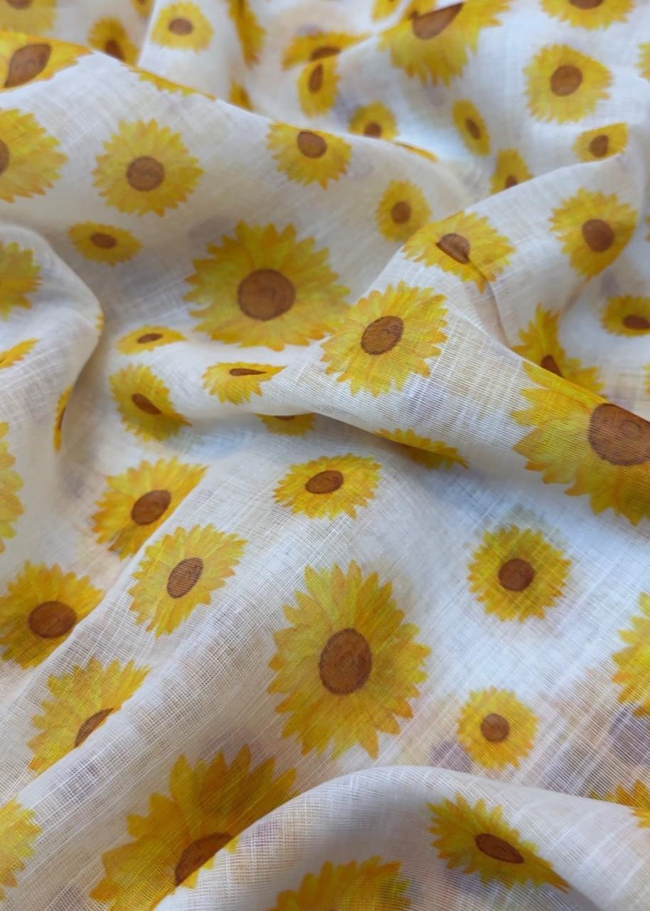 Premium Linen Saree with Sunflower Print & Zari Border – Designer Blouse