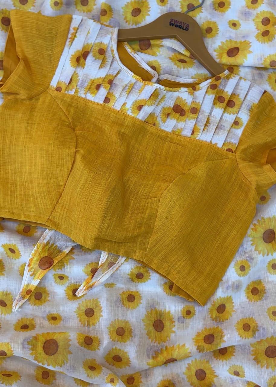 Premium Linen Saree with Sunflower Print & Zari Border – Designer Blouse