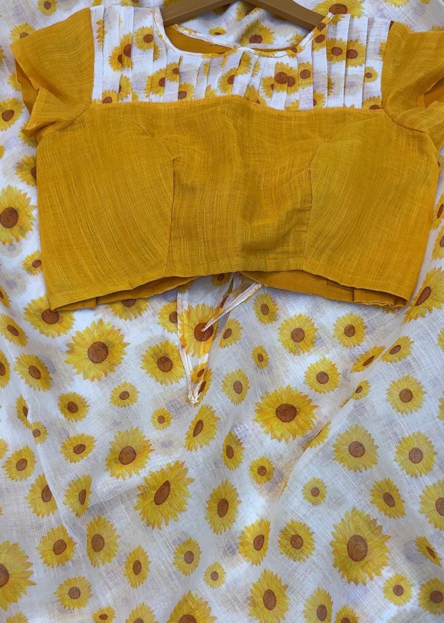 Premium Linen Saree with Sunflower Print & Zari Border – Designer Blouse
