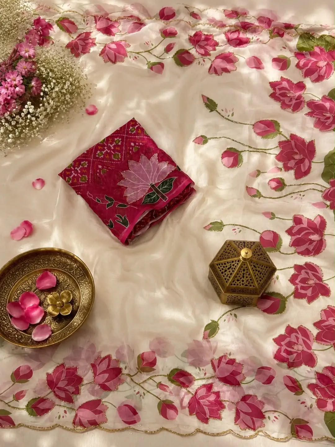 Premium Georgette Silk Saree with Digital Floral Print & Katdana Handwork – Designer Blouse