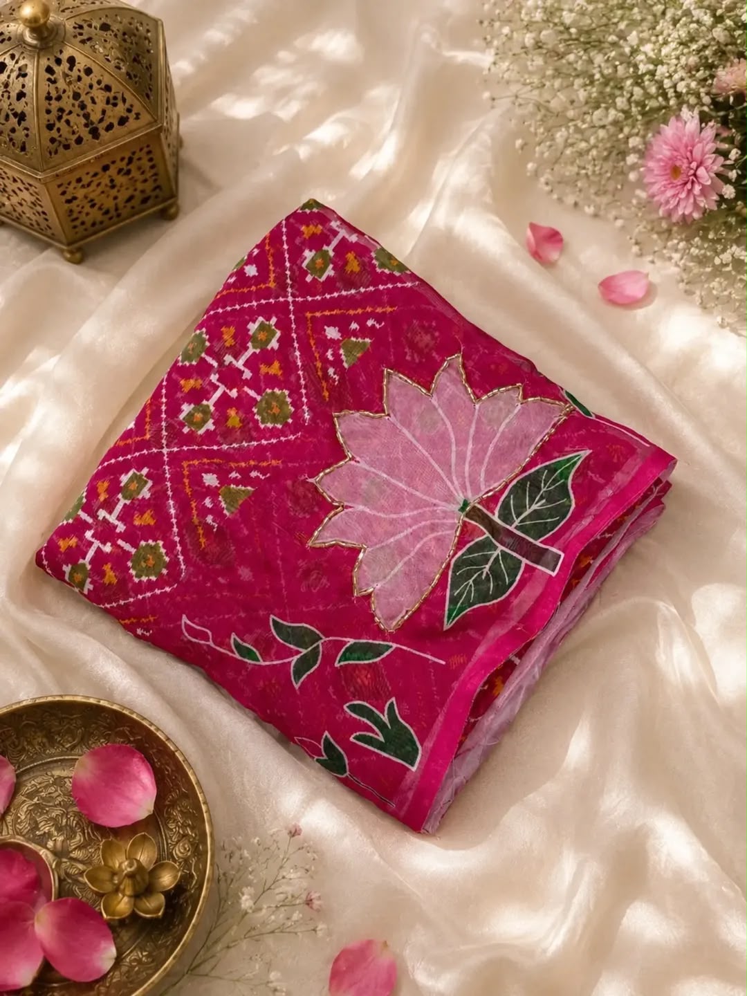Premium Georgette Silk Saree with Digital Floral Print & Katdana Handwork – Designer Blouse