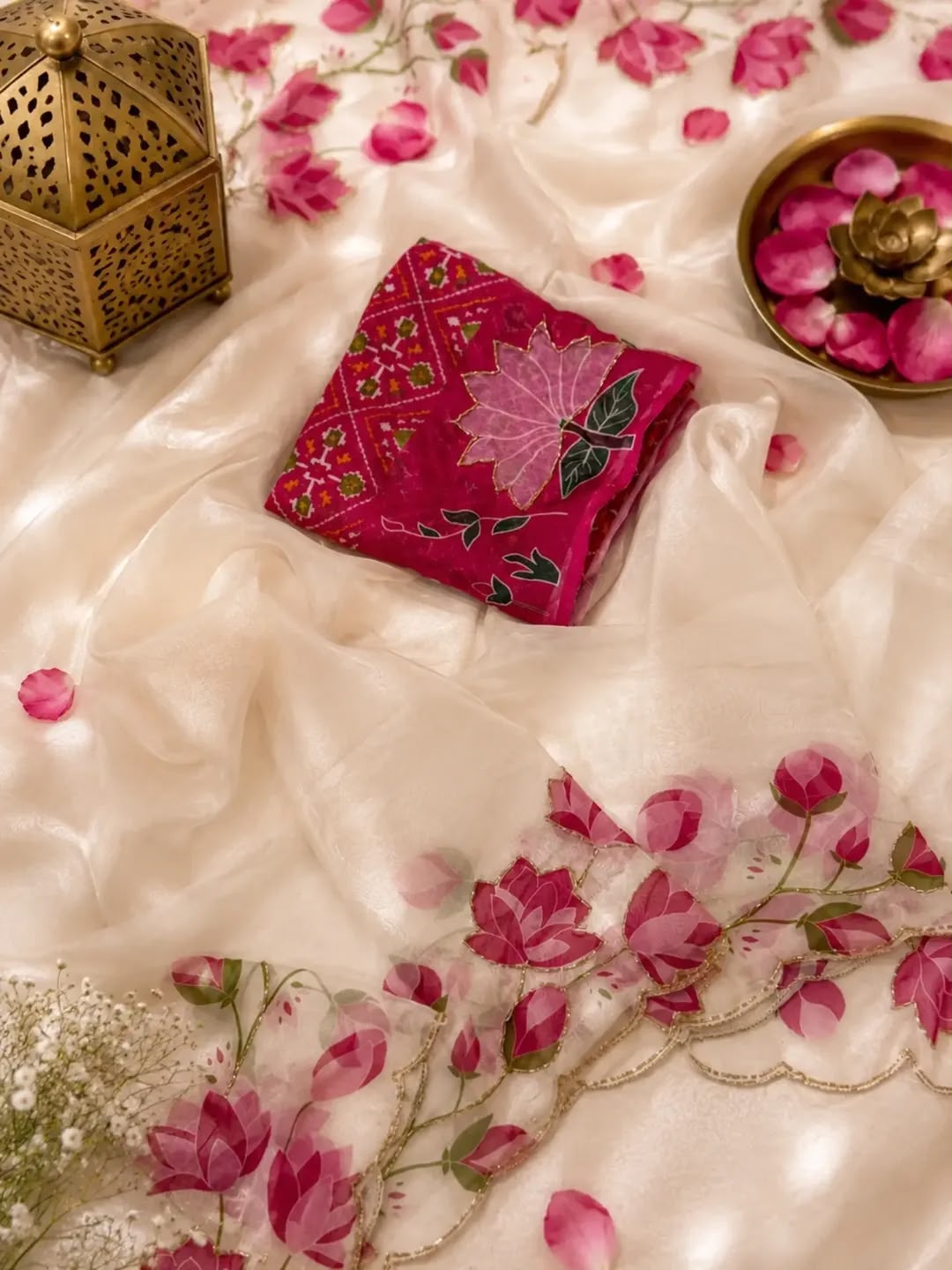 Premium Georgette Silk Saree with Digital Floral Print & Katdana Handwork – Designer Blouse