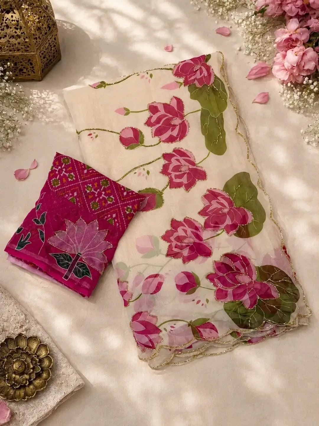 Premium Georgette Silk Saree with Digital Floral Print & Katdana Handwork – Designer Blouse