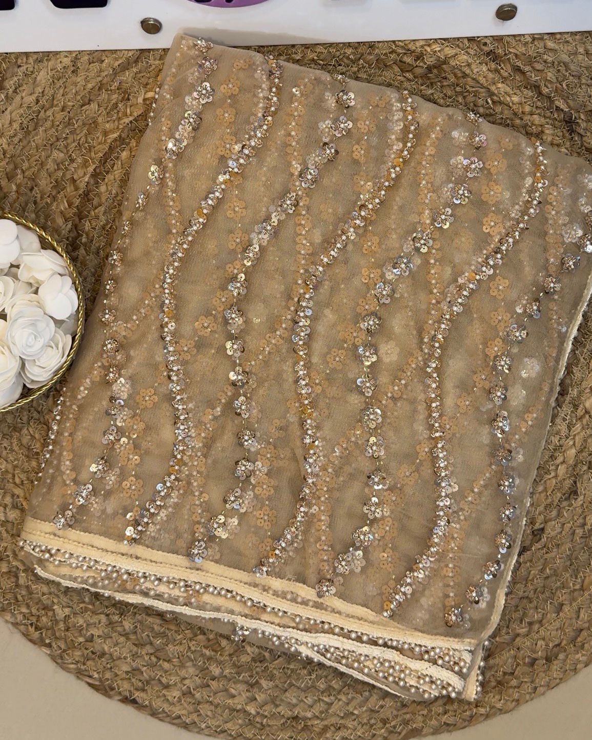Butterfly Net Saree with Beads & Pearl Work – Designer Blouse