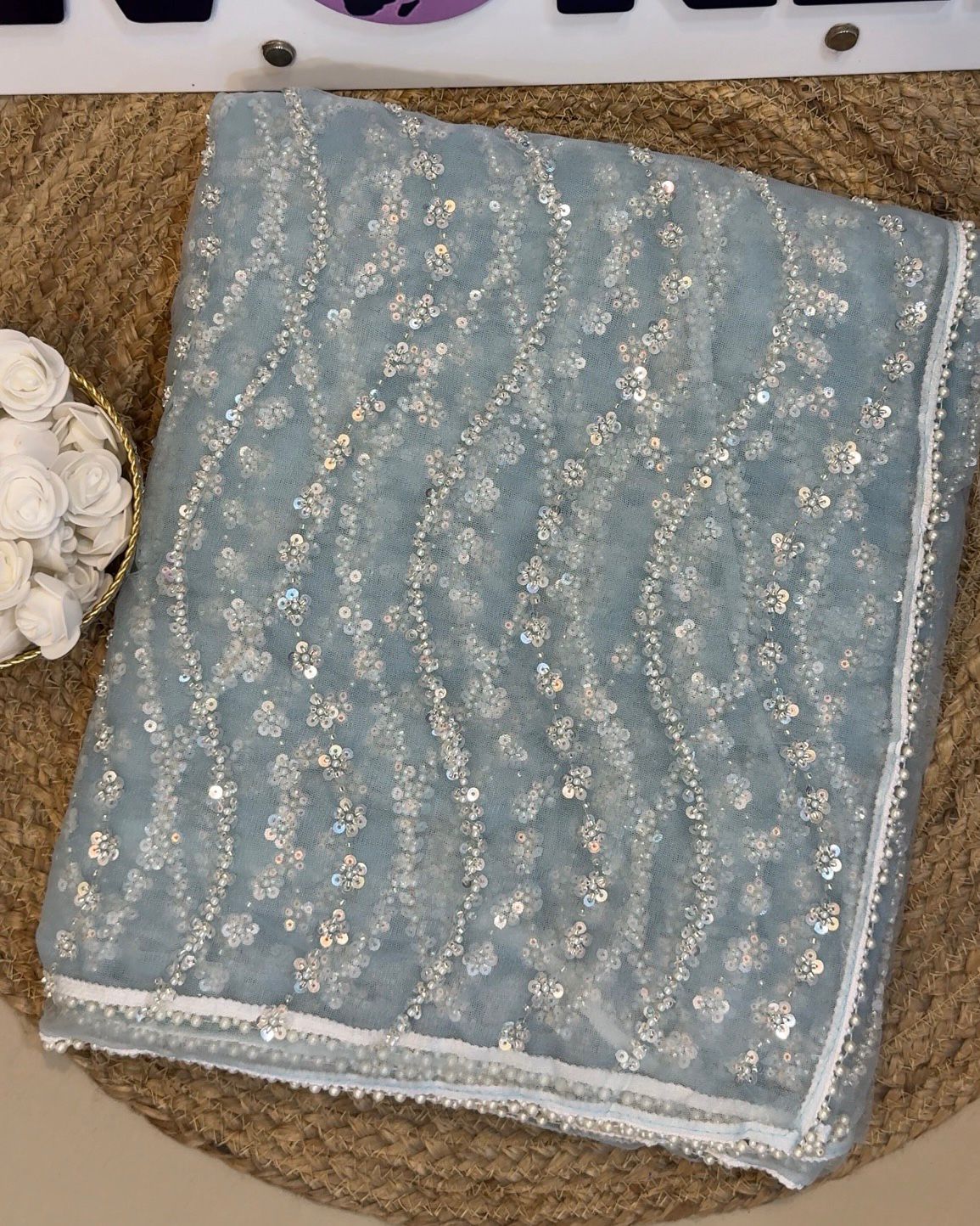 Butterfly Net Saree with Beads & Pearl Work – Designer Blouse