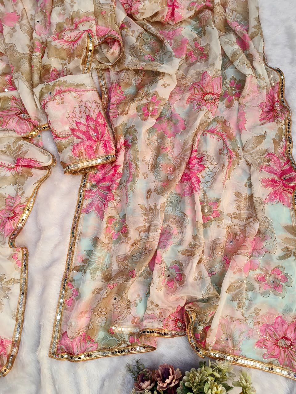 Premium Organza Silk Saree with Real Mirror Work & Aari Sequins – Designer Blouse