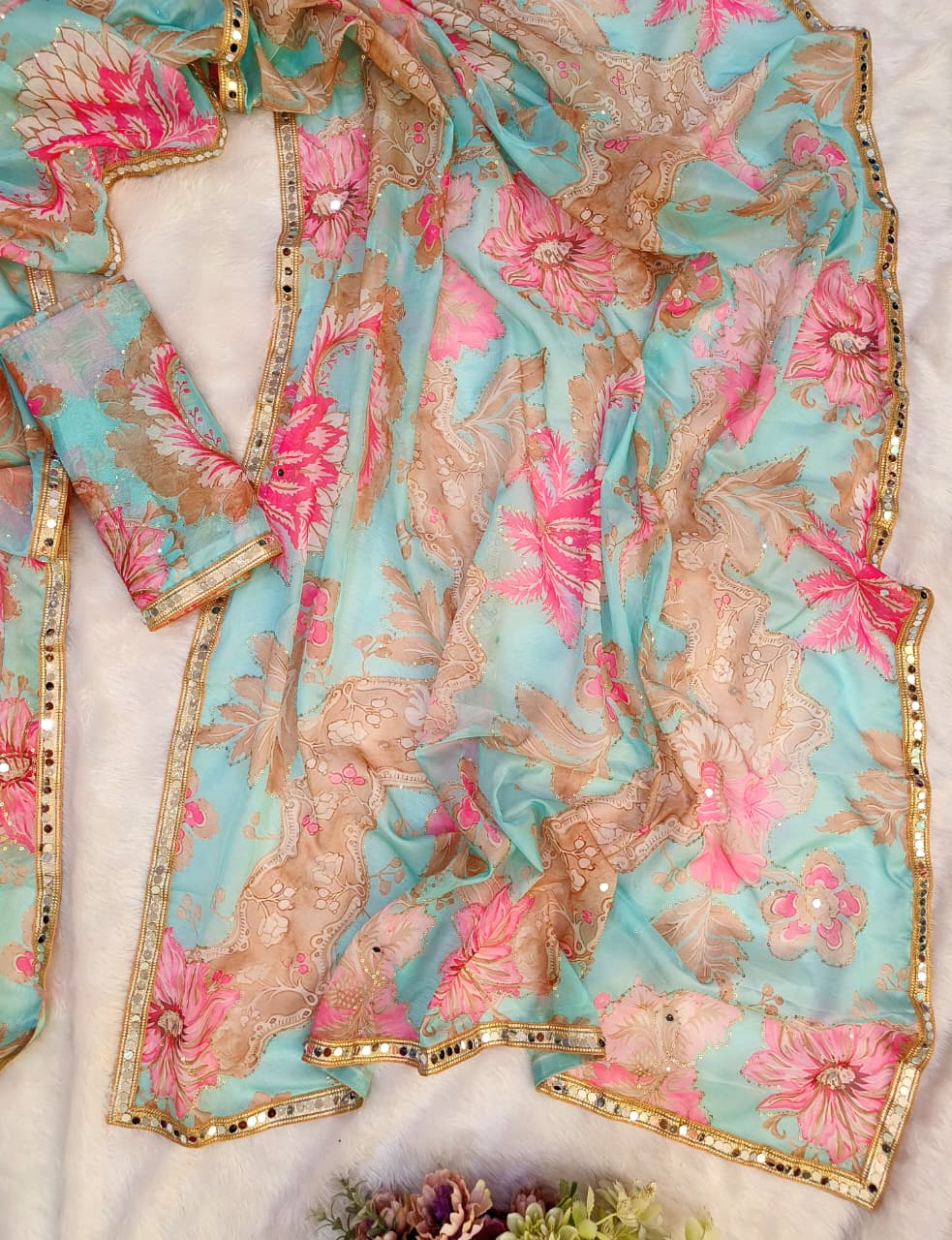 Premium Organza Silk Saree with Real Mirror Work & Aari Sequins – Designer Blouse