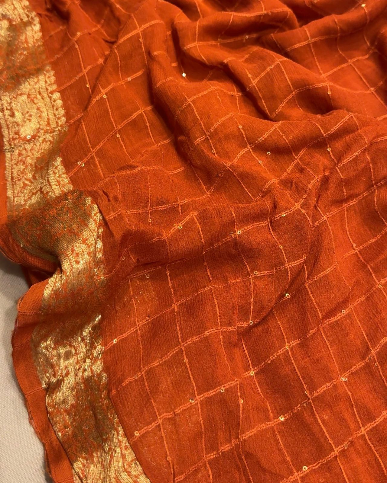 Premium Viscose Georgette Sequins Saree with Weaving Butti Blouse – Orange