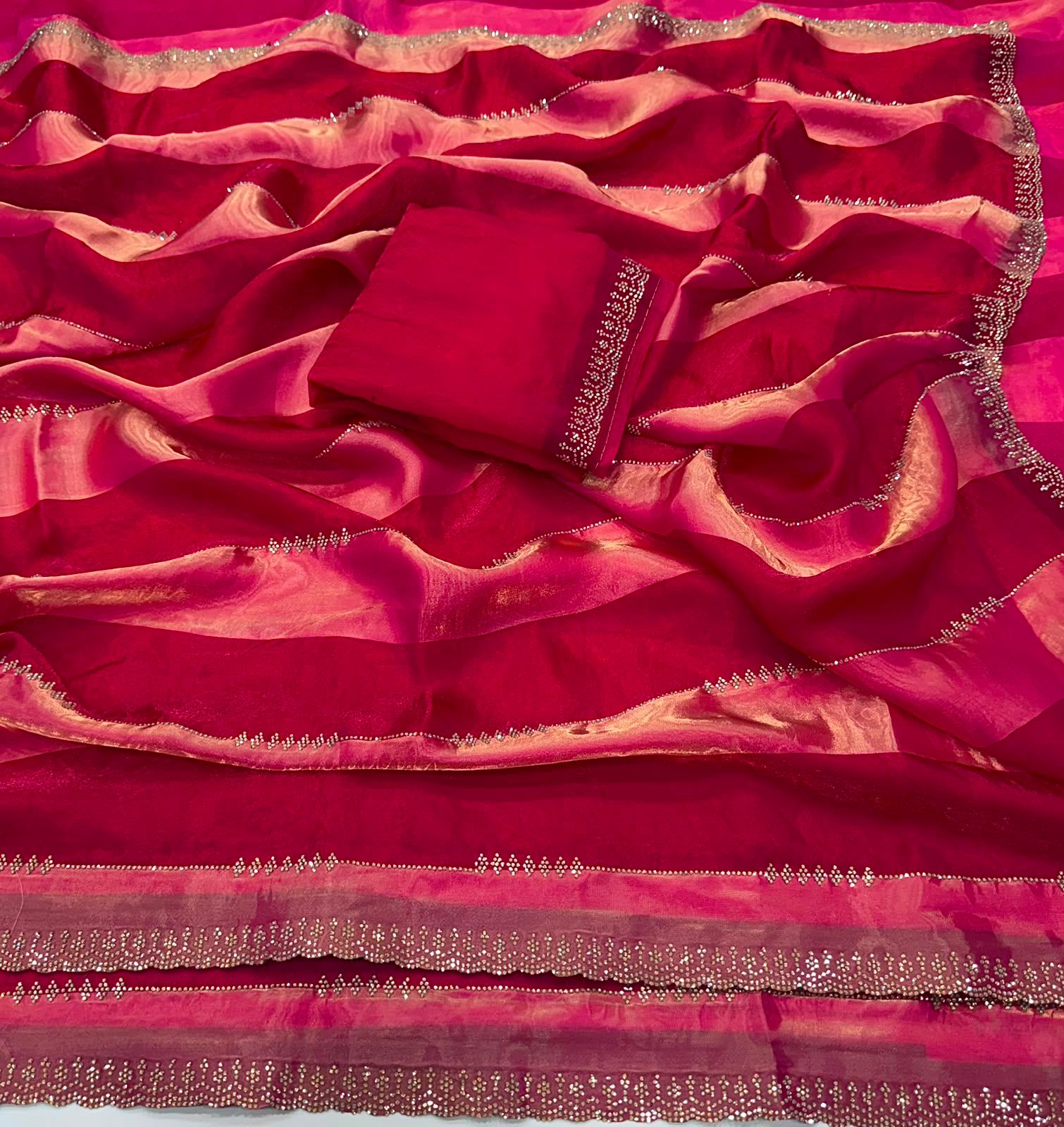 Premium Space Satin Saree with Jharkhand Weaving Work – Running Blouse (Pink & Red Combo)