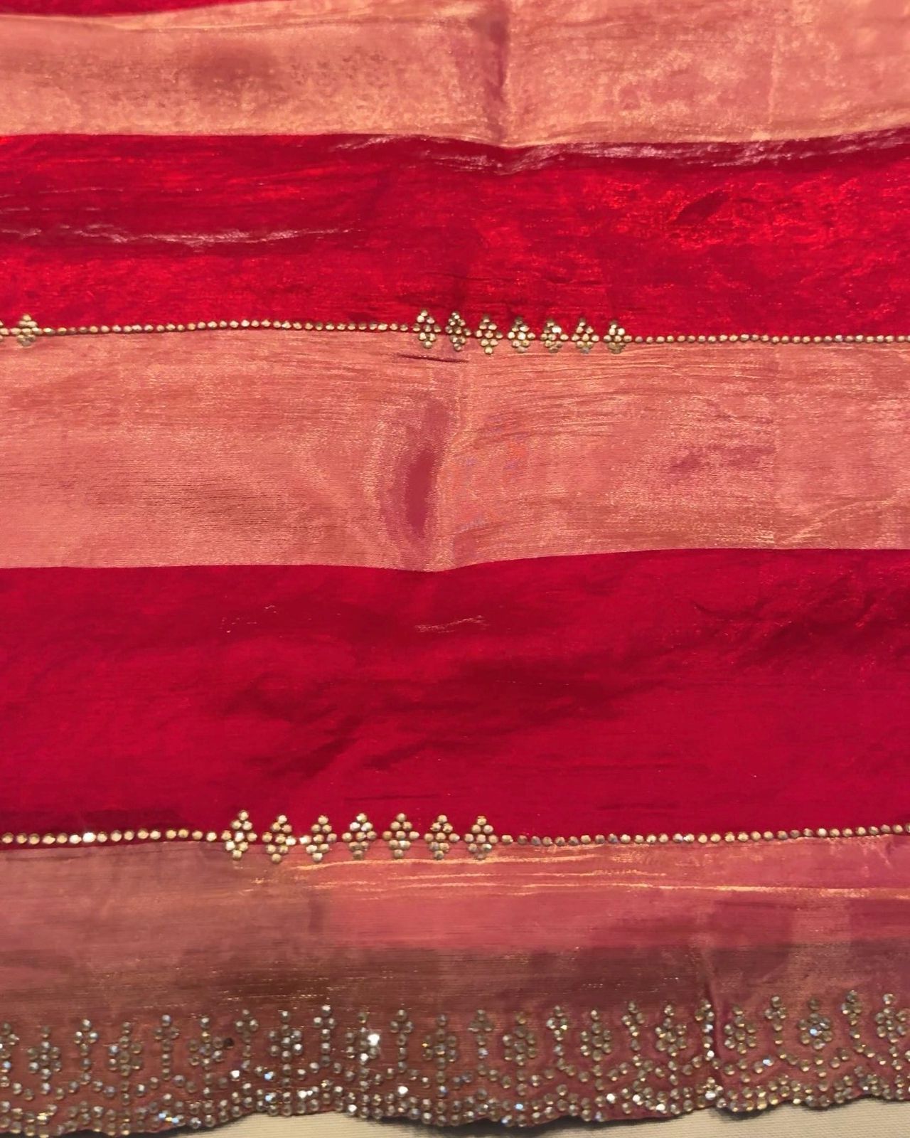 Premium Space Satin Saree with Jharkhand Weaving Work – Running Blouse (Pink & Red Combo)