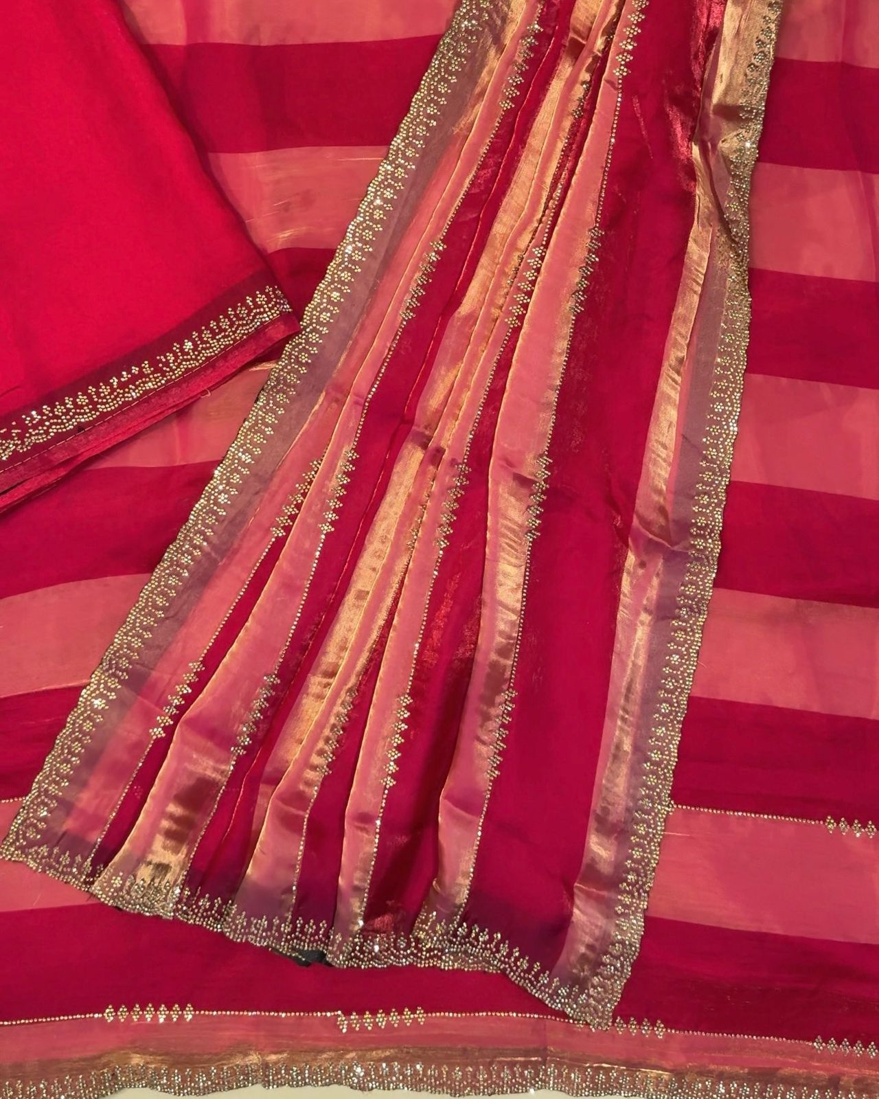 Premium Space Satin Saree with Jharkhand Weaving Work – Running Blouse (Pink & Red Combo)
