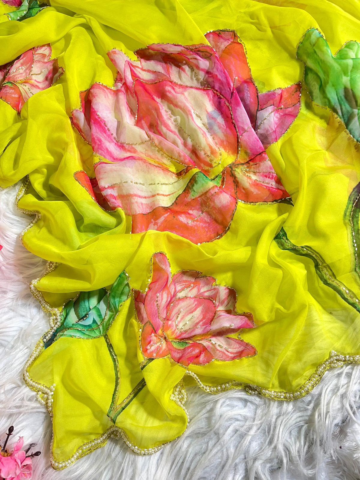 Premium Georgette Silk Saree with Digital Floral Print, Cutdana Handwork & Heavy Border – Designer Blouse