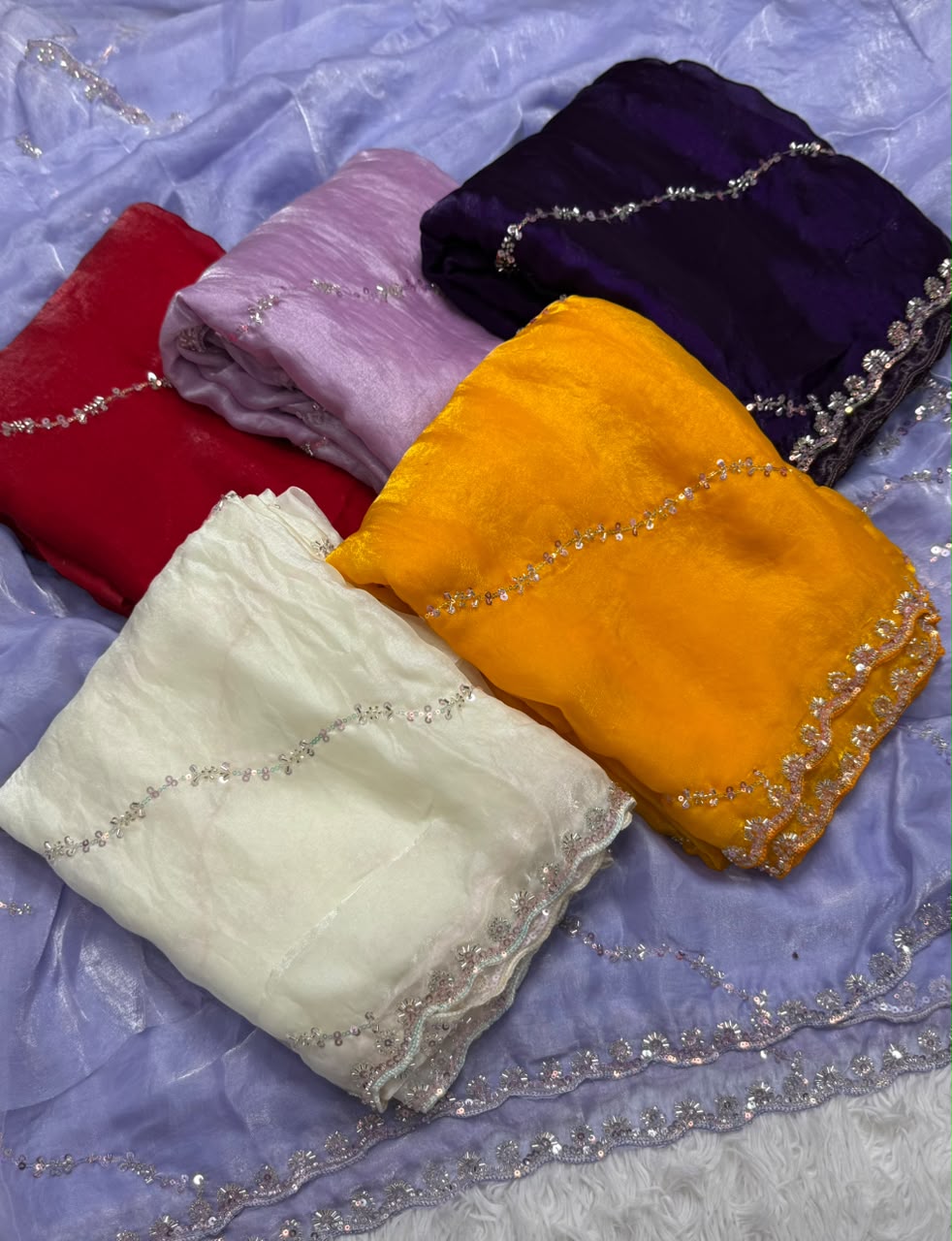 Premium Fandy Satin Silk Saree with Fancy Beads Handwork – Designer Beads Work Blouse
