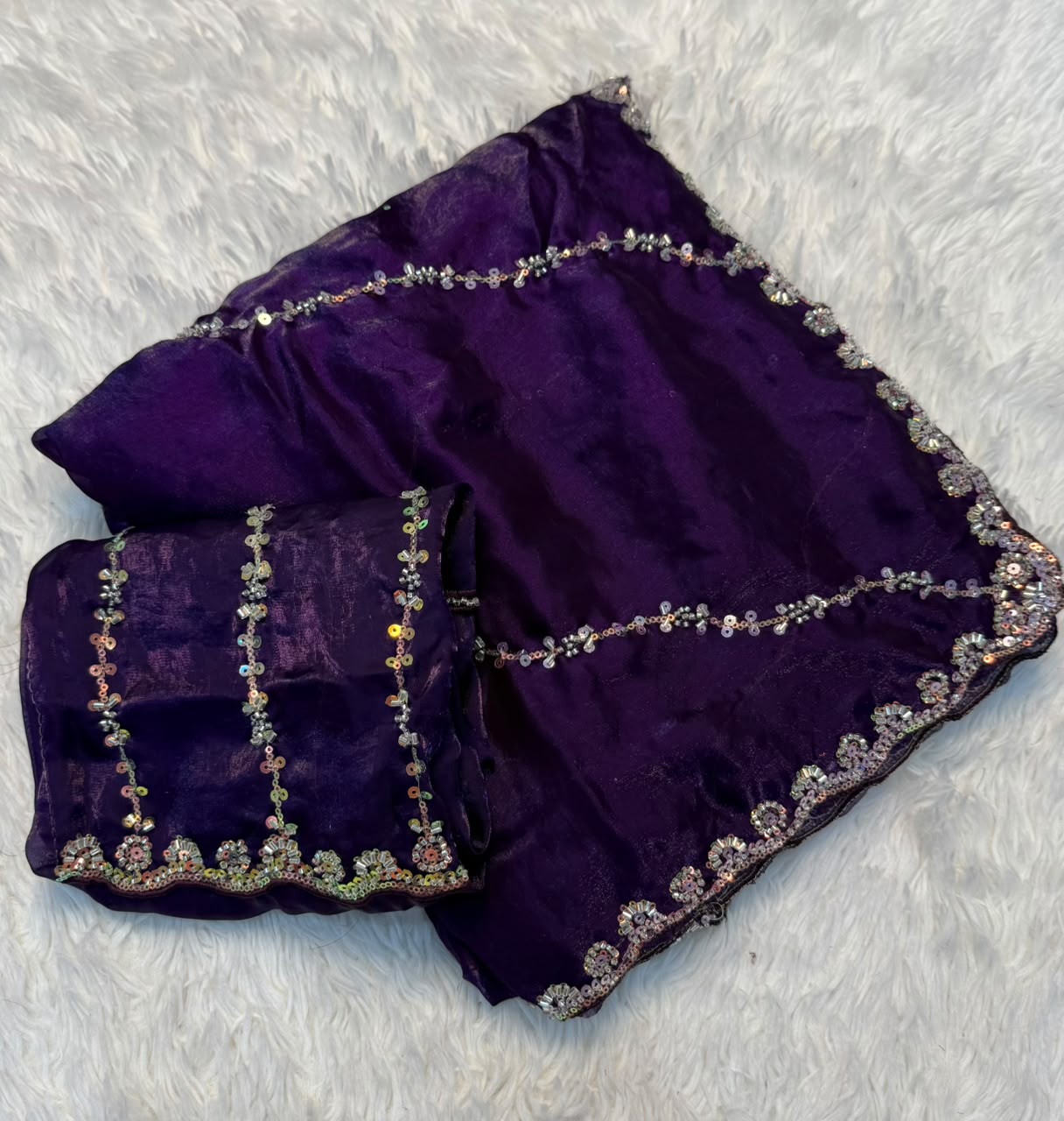 Premium Fandy Satin Silk Saree with Fancy Beads Handwork – Designer Beads Work Blouse